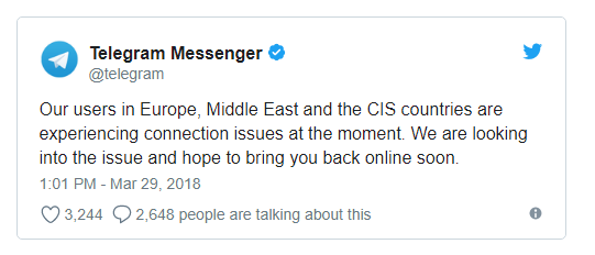 اختلال تلگرام ساعتی پیش در ایران و روسیه ، اروپا ، خاورمیانه